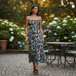 Anthropologie Teal Burgundy Tropical Leaf‎ Print Midi Slip Feminine Dress XS